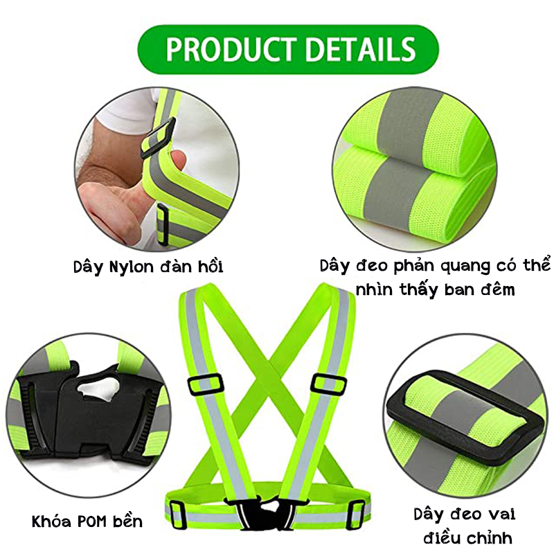 Áo Dây Phản Quang Nam Nữ Với Dây Thun Đàn Hồi Co Giãn An Toàn Đi Biển, Công Trình, Đi Xe Đạp, Phượt