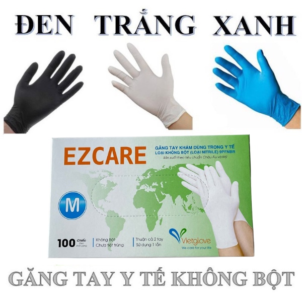 Bao Tay Y Tế Vietglove Ezcare Màu XanhĐenTrắng Không Bột Nitrile 23cm