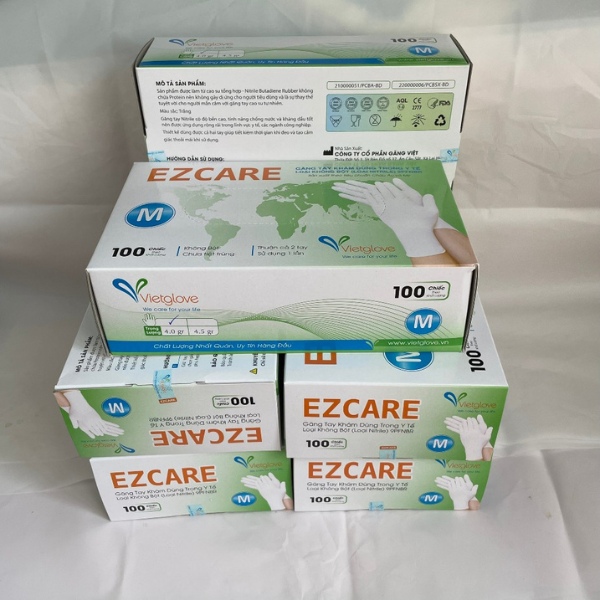 Bao Tay Y Tế Vietglove Ezcare Màu XanhĐenTrắng Không Bột Nitrile 23cm