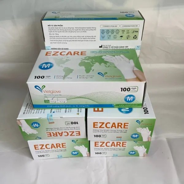 Bao Tay Y Tế Vietglove Ezcare Màu XanhĐenTrắng Không Bột Nitrile 23cm