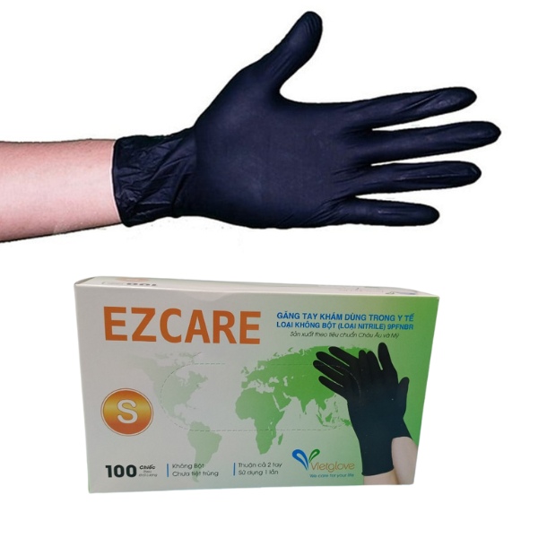 Bao Tay Y Tế Vietglove Ezcare Màu XanhĐenTrắng Không Bột Nitrile 23cm