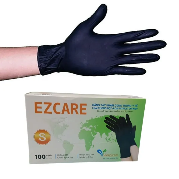 Bao Tay Y Tế Vietglove Ezcare Màu XanhĐenTrắng Không Bột Nitrile 23cm