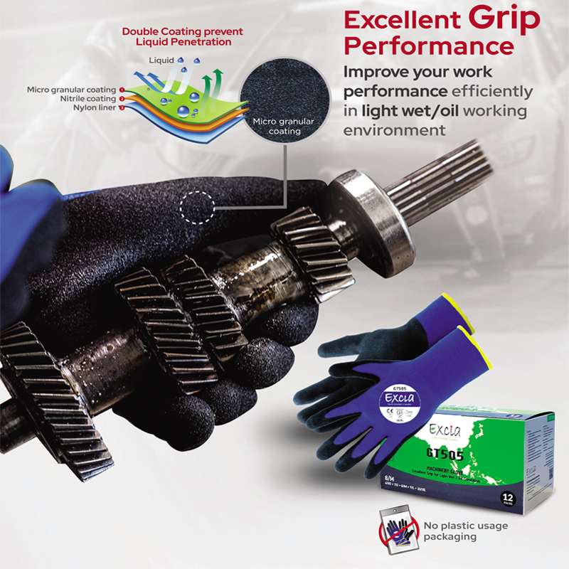Găng Tay Chống Dầu Mỡ Phủ Nitrile Excia GT505 Màu Xanh Đen Dài 22CM Dày 0.40mm