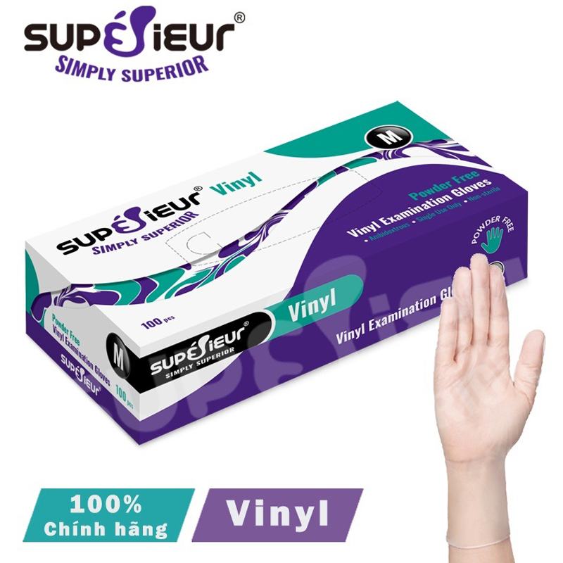 Găng Tay Vinyl Superieur Không Bột 100% Polyme Tổng Hợp Dùng Trong Hoạt Động Khám Chữa Bệnh, Chăm Sóc Sức Khỏe, Thẩm Mỹ, Mỹ Phẩm