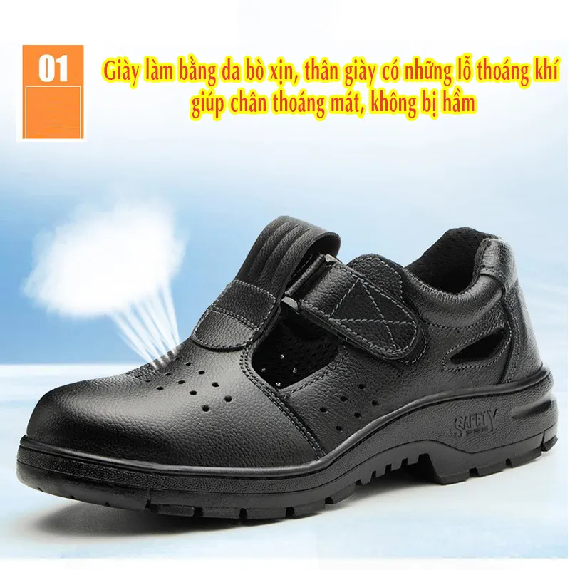 GIÀY BẢO HỘ THOÁNG KHÍ MŨI THÉP CHẤT LIỆU DA BÒ SỬ DỤNG MIẾNG QUAI DÁN VELCRO CHỐNG ĐẬP, CHỐNG ĐÂM XUYÊN & CHỐNG TRƯỢT (MÃ 918)