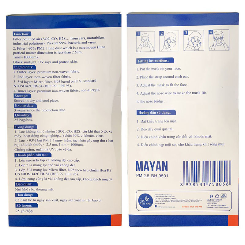 Khẩu Trang Mayan PM2.5 BH9501 Ngăn Vi Khuẩn 99%, Lọc Bụi 95% ( combo 1 gói 2 cái)
